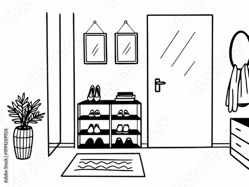 Entryway shoe rack arranged with shoes in hallway interior