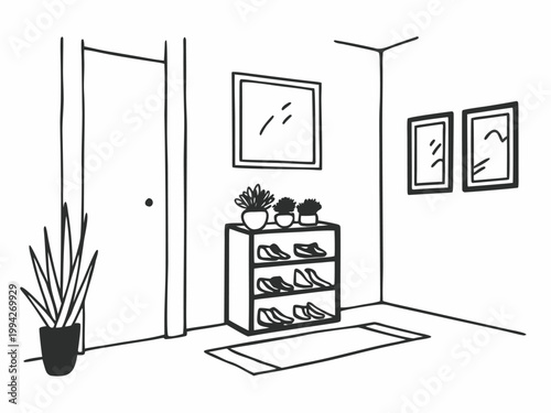 Small foyer shoe cabinet displayed with potted plants near door