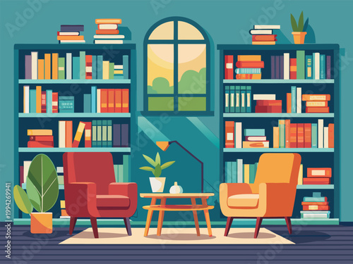 Cozy reading nook with armchairs and bookshelves by window