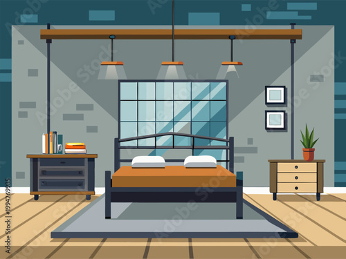 Double bed centered under pendant lights in modern loft bedroom