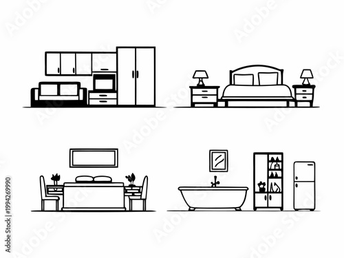 Home furniture icons displayed in multiple room layout illustrations