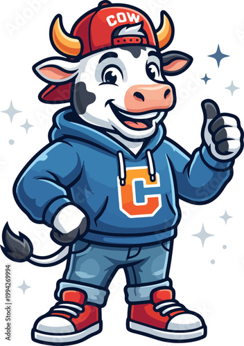 Happy Cartoon Cow Mascot in Blue Hoodie Giving Thumbs Up
