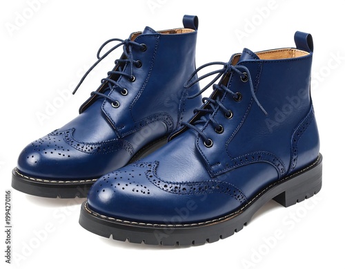 Blue leather brogue ankle boots.