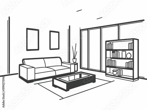 Minimalist living room with sofa bookshelf and low table