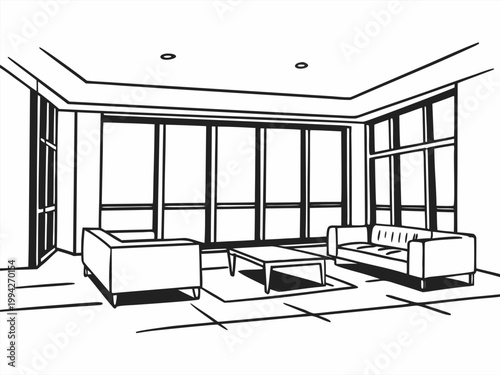 Contemporary lounge with sofas and coffee table by windows