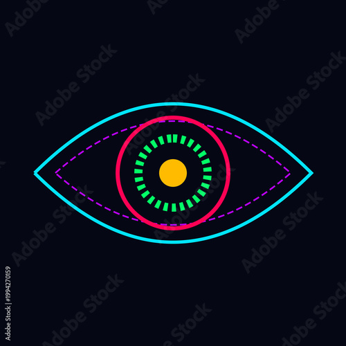 Neon cybernetic eye icon representing futuristic artificial intelligence surveillance and advanced digital biometric scanning technology