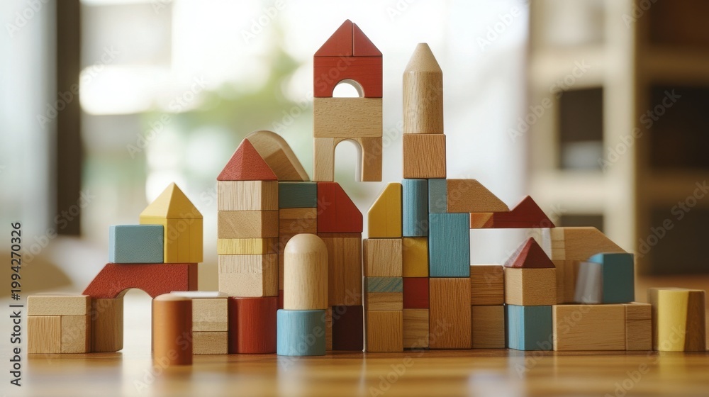 Obraz premium Creative wooden building blocks construction forming a whimsical town or castle structure with natural wood tones and muted pastel colors soft focus background early childhood