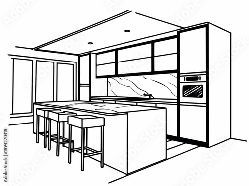Kitchen line drawing showing island and stools interior