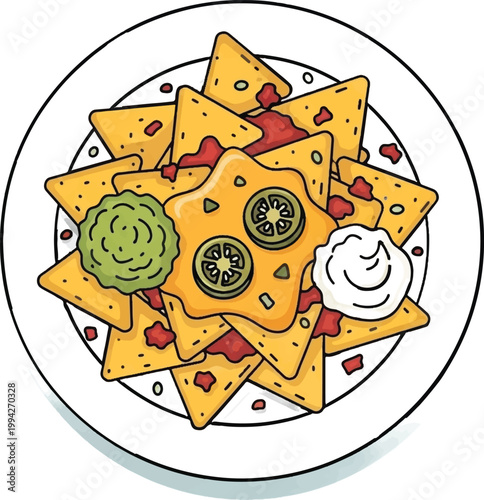 Nachos with cheese, salsa, guacamole, and sour cream, Mexican food icon
