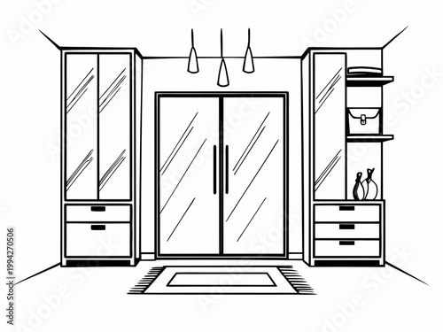 Entrance doorway sketch with cabinets shelves rug and pendant lights
