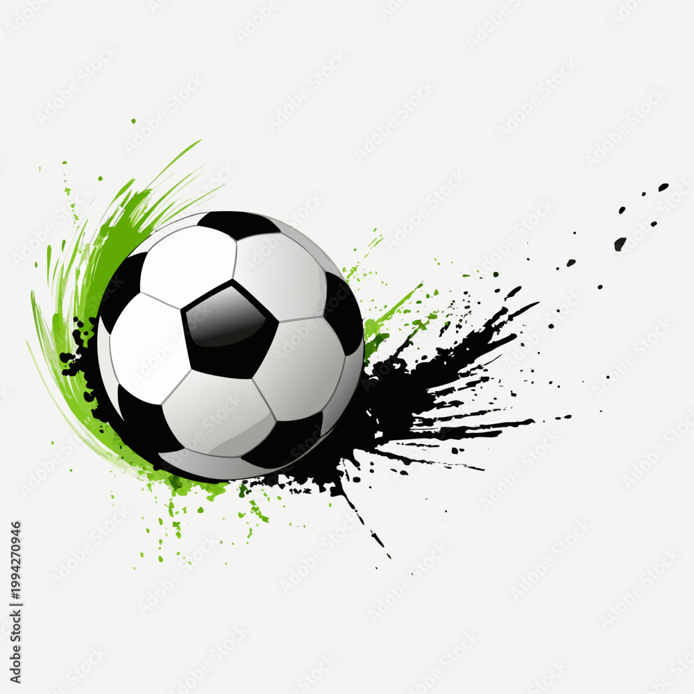 Naklejka premium Soccer Ball with Neon Green Paint Splash, Grunge Ink Style Football Vector Illustration