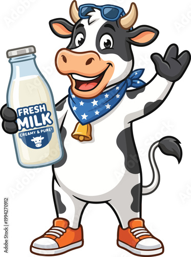 Cute Cartoon Cow Mascot Holding a Bottle of Fresh Milk and Waving