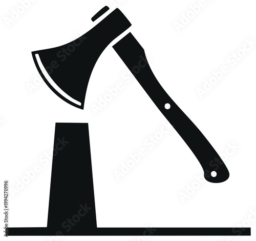 Black silhouette of an axe and stump for chopping wood, logging and lumberjack design, icon for forestry or carpentry profession.