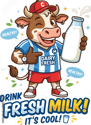  Energetic Cartoon Cow Mascot Promoting Fresh Milk