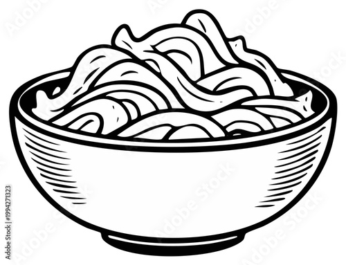 A bowl of noodles or pasta in a black and white vintage woodcut illustration style