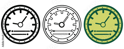Car speedometer and dashboard gauge icons set featuring speed meter dial in silhouette, outline, and flat color styles for automotive design.
