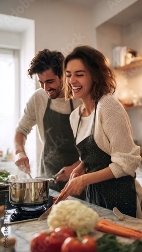 Happy young couple cooking healthy meal together in modern kitchen laughing and having fun