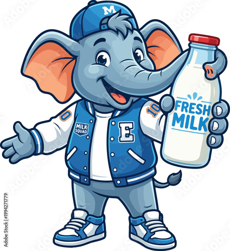 Cute Elephant Mascot Holding a Bottle of Fresh Milk in Varsity Jacket
