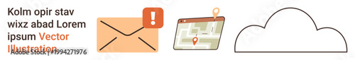 Communication, navigation, data storage, cloud technology, email services, digital alerts. Envelope with alert icon, map with location pin cloud symbol. Communication and navigation concepts