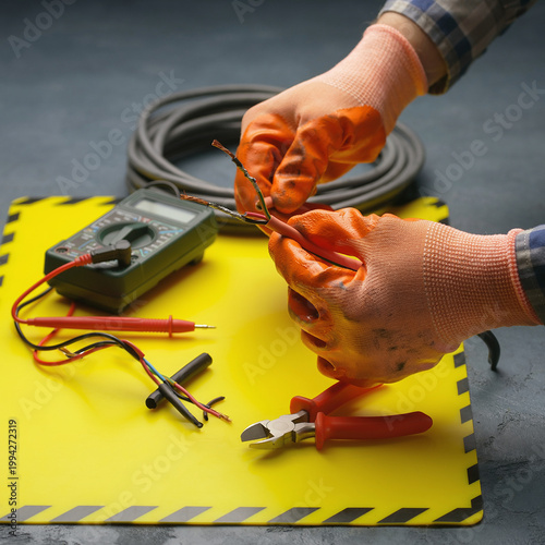 Person wearing gloves working with wires and tools on a yellow mat