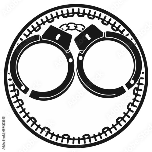 Stylized Handcuffs Emblem in Circular Border Depicting Law Enforcement and Justice