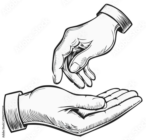 A classic engraved style illustration of one hand giving and another hand receiving a charitable gift
