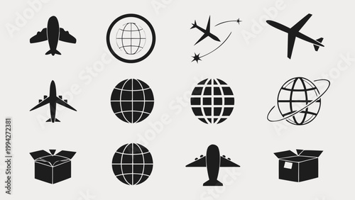 Global shipping concept with airplanes circling the globe and cargo boxes symbolizing international delivery and logistics