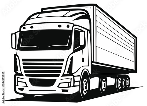 Illustration of a modern semi truck and trailer isolated in black and white