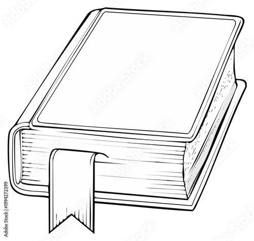 Black and white illustration of a hardcover book with a ribbon bookmark.