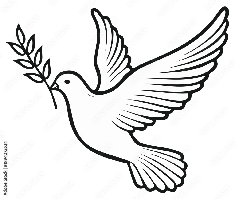 Fototapeta premium White dove carrying an olive branch symbolizes peace and hope in simple black outline drawing