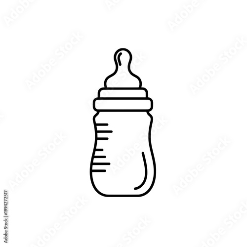 Minimal black line illustration of baby bottle isolated on a transparent background. Clean minimal design symbolizing infant feeding, care, and parenting essentials