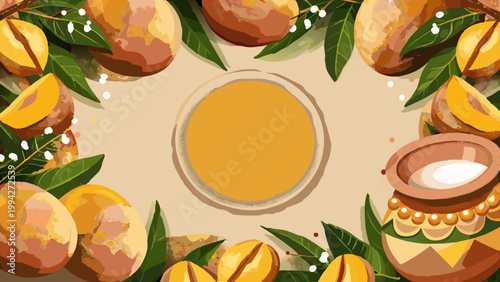 Ugadi festival card with stylized mango leaves and traditional indian elements celebrating culture and tradition