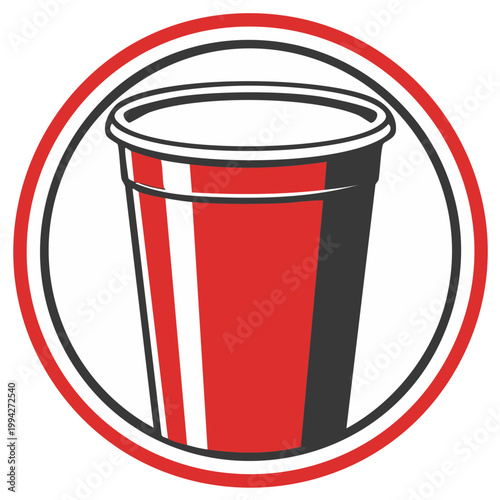 Red plastic party cup logo in circle, drinks, beverages, parties, and social events symbol