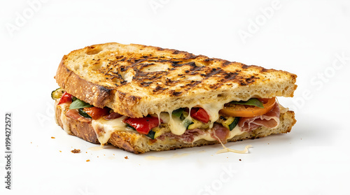 Gourmet panini sandwich with melted cheese, prosciutto, roasted vegetables, and charred grill marks on artisan bread.