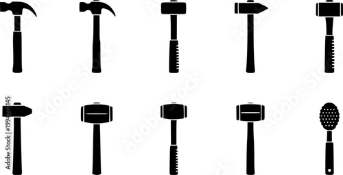 Hammer icon. Black, minimalist icon isolated on white background. Hammer simple silhouette. Web site page and mobile app design vector element.
