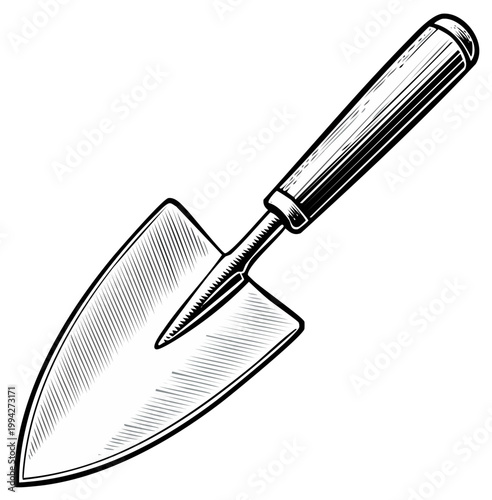 Detailed drawing of a garden trowel, gardening tool illustration, isolated