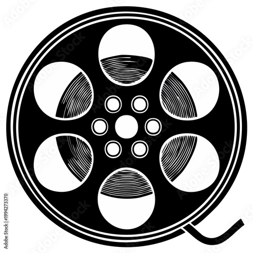 Classic film reel in monochrome with radiating circles and central hub design