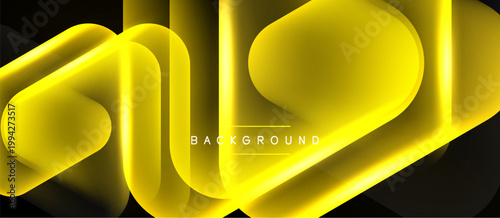 Abstract yellow layers create dynamic composition. Smooth gradients, flowing shapes suggest movement, depth. Dark background enhances luminosity.