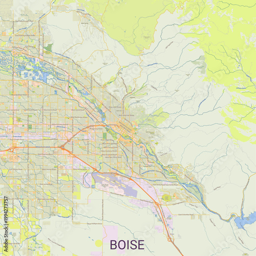 Detailed vector map of Boise featuring roads, highways, neighborhoods, rivers, and surrounding terrain. High-resolution cartographic illustration highlighting the Boise River