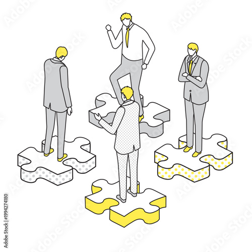 バラバラのパズルピースの上に立つビジネスチームのアイソメトリック線画イラスト