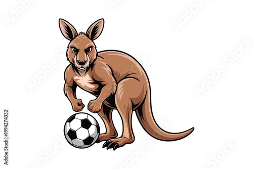 A cartoon kangaroo fiercely kicks a soccer ball with determined expression ideal for sports logos on transparent background high-quality professional.