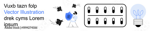 Data protection, cybersecurity, digital threats, innovation, online safety, technology systems. Person holding a shield against bugs, server racks and light bulb ion. Data protection
