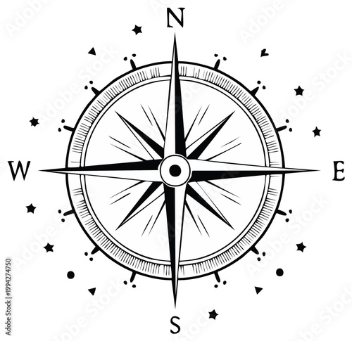 Classic navigational compass rose with directional points and decorative star accents