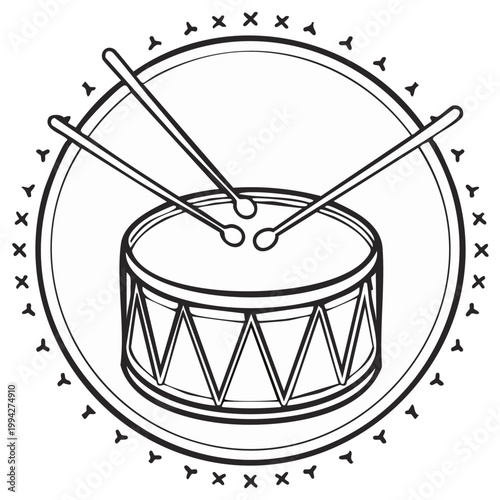 Drum and drumsticks within a circle decorative emblem, musical instrument outline