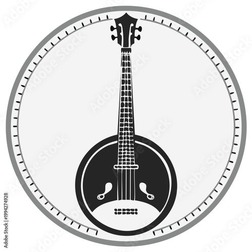 Black Silhouette of Banjo Mandolin Hybrid Isolated in Circular Frame Music Instrument Icon