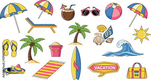 Summer Beach Vacation Icons Set with Umbrella Wave Symbols