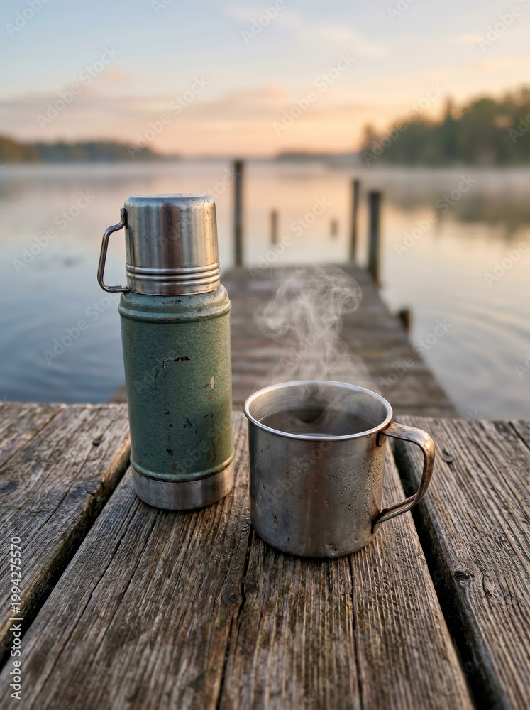 Fototapeta premium Green thermos and a steaming metal cup on a wooden dock
