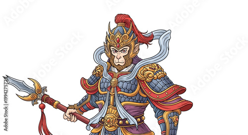 A detailed vector illustration presents the Monkey King, Sun Wukong, holding a magic wand, set against a clean white background in a flat, graphic style that highlights the character's