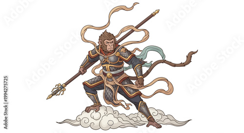 A detailed vector illustration shows the Monkey King, Sun Wukong, holding a magic wand while standing on clouds, featuring ornate armor and ribbons in a design with neutral tones
