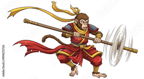 A dynamic vector illustration shows the Monkey King Sun Wukong in action, wielding his magic wand with spinning motion effect, set against a clean white backdrop in a cartoon style